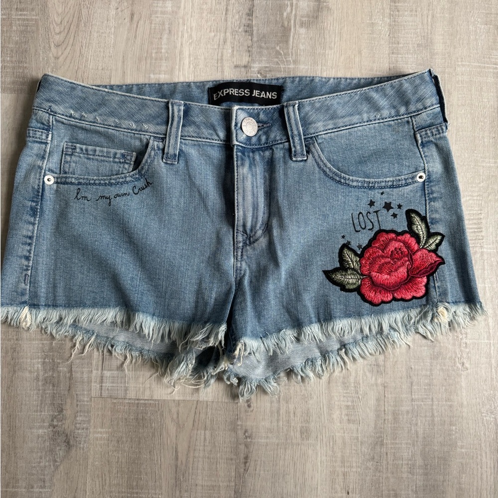 Express Jeans Women's Blue Denim Shorts with Rose Embroidery